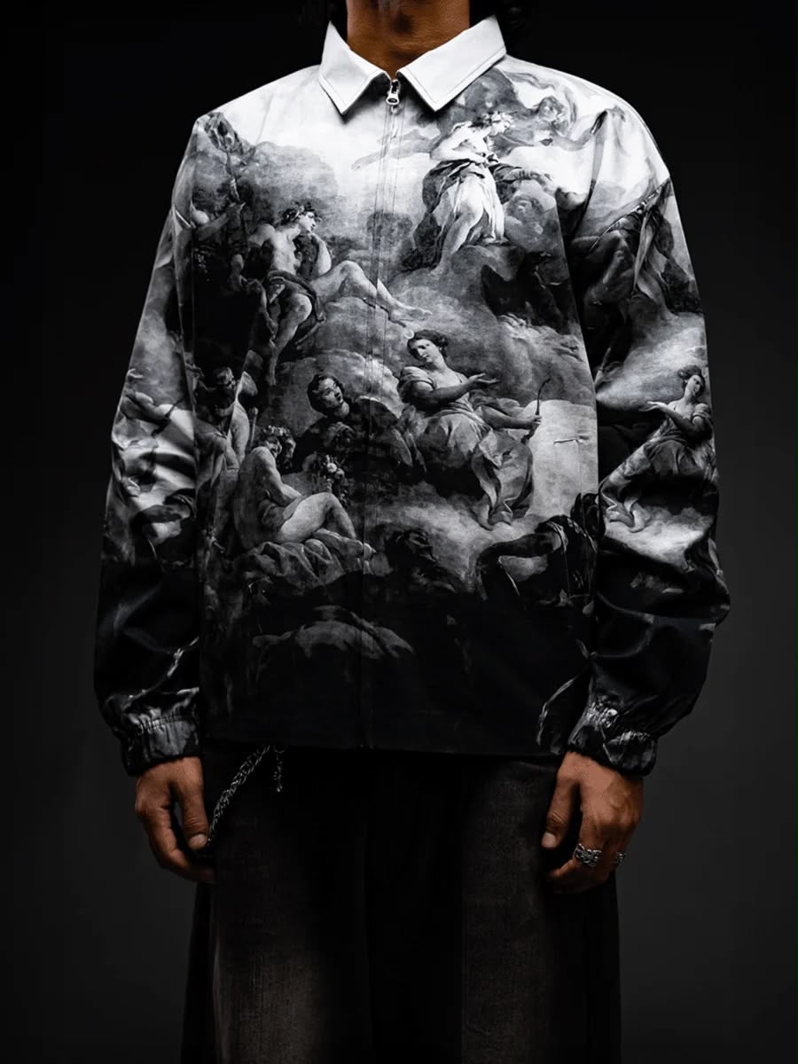 Front detail crop of monochrome art-print zip jacket