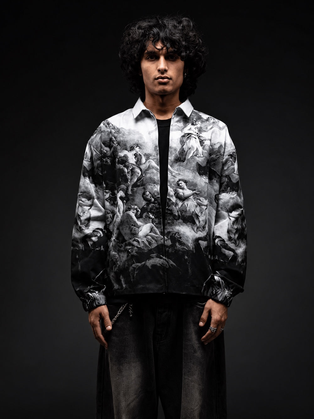 Front full-body product photo of monochrome art-print zip jacket