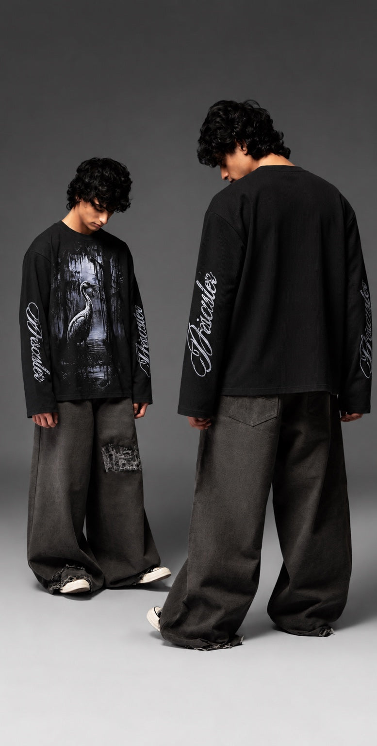 SNOB Heron Graphic Long Sleeve Tee back and sleeve detail